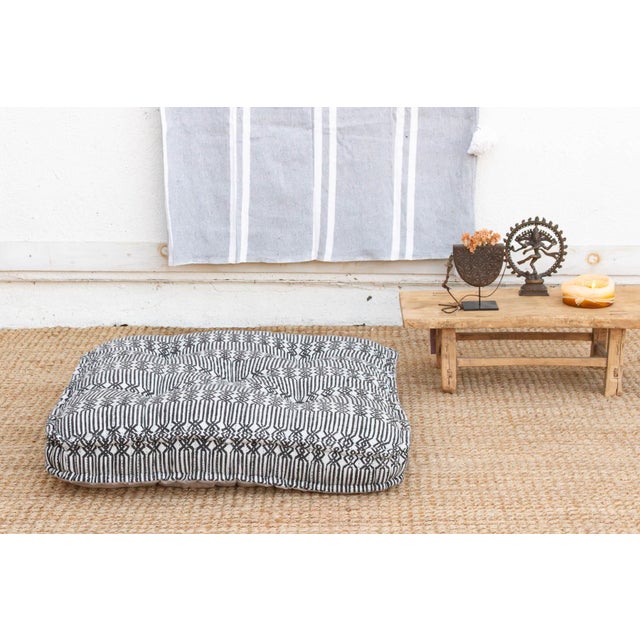 Textile Hand Block Printed Black & White Floor Cushion For Sale - Image 7 of 7