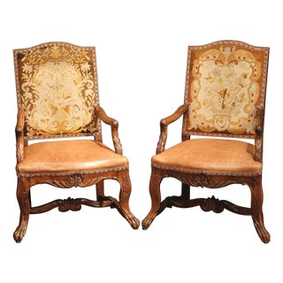 Pair of 18th Century French Louis XV Needlepoint Armchairs With Leather Seats For Sale