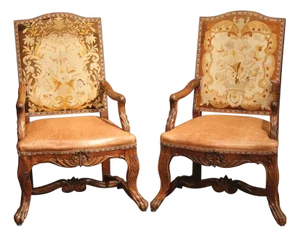 Pair of 18th Century French Louis XV Needlepoint Armchairs With Leather Seats