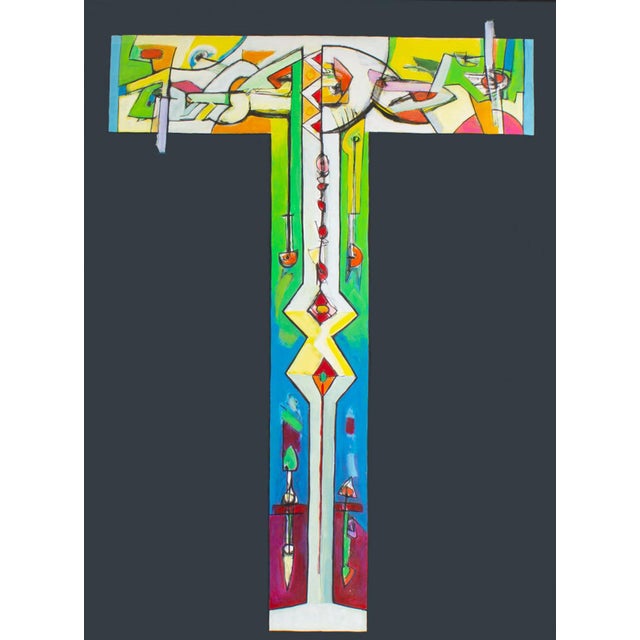 An abstract mixed media painting by American artist James L. Bruch (1942-2023). The painting depicts a large "T" shape...