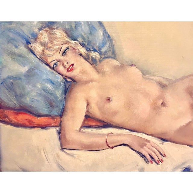 Art Deco Large Vintag Recumbent Female Nude Painting For Sale - Image 3 of 6