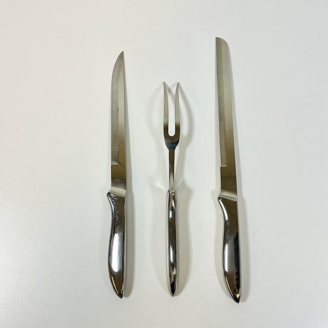 Mid-Century Modern Mid-Century Art Deco Contemporary Chrome Sleek Stainless Steel Cutlery Set - 3 Pieces. For Sale - Image 3 of 9