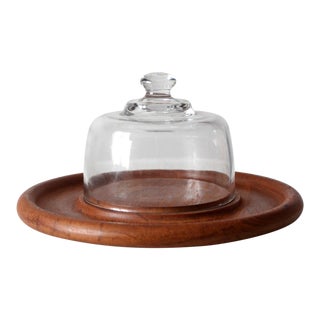 Vintage Teak Tray With Glass Cloche For Sale