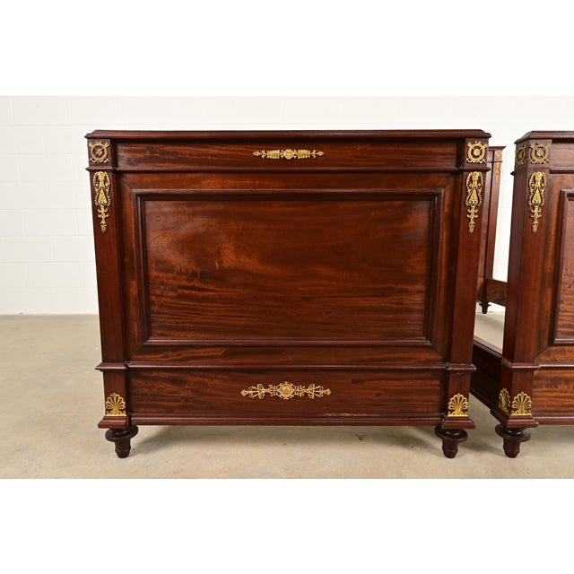 Wood Jacob-Desmalter Style Antique French Empire Mahogany Twin Beds With Mounted Ormolu, Pair For Sale - Image 7 of 11