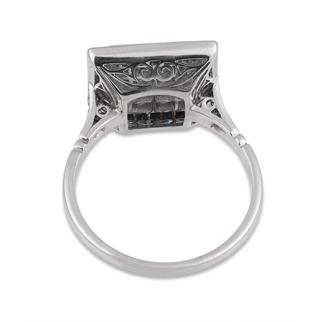 Art Deco Inspired Diamond Sapphire Platinum Dinner Ring, Size 7 For Sale - Image 4 of 4