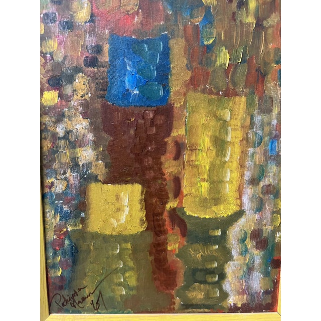 Funky little number here by Patricia Maxwell on canvas in a yellow frame. Abstract. Signed and dated. “Patricia Maxwell...