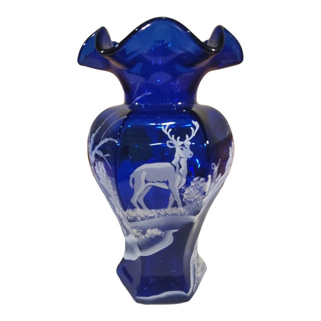 Vintage Fenton 100th Anniversary Cobalt Blue Hp Deer in Winter Scene Glass Hexagon Vase For Sale