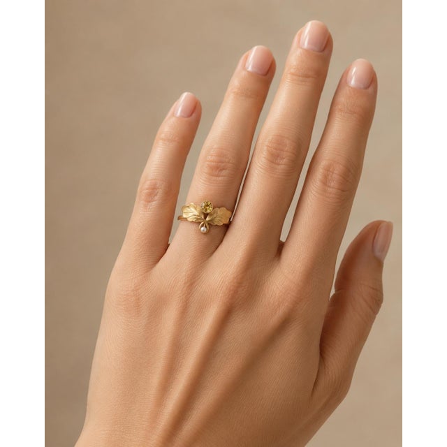 Art Nouveau–Inspired Citrine and Pearl Botanical Ring in 14k Gold, Size 7.5 For Sale - Image 6 of 7
