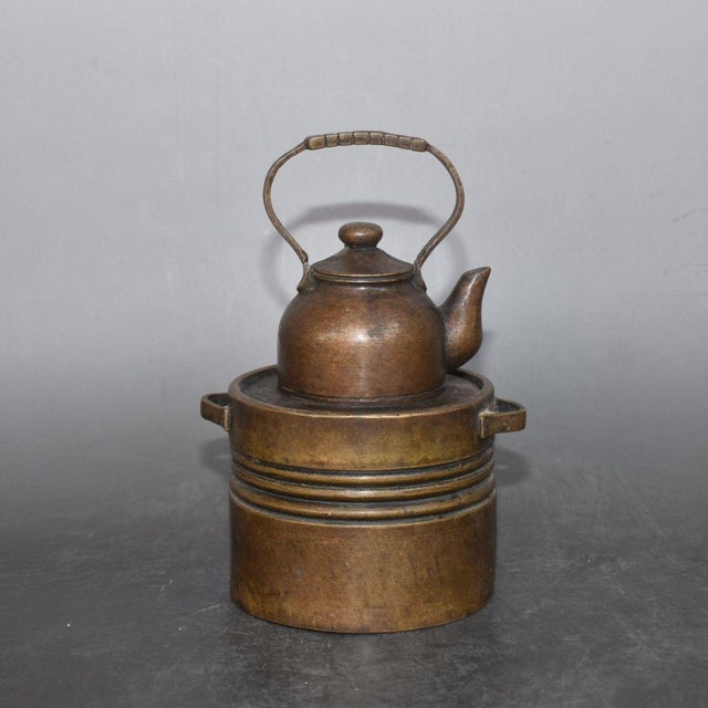 Metal Vintage Solid Bronze Wine / Teapot With Integrated Charcoal Stove, Antique Chinese Warming Kettle Set, Chinoiserie Tabletop Decor For Sale - Image 7 of 9