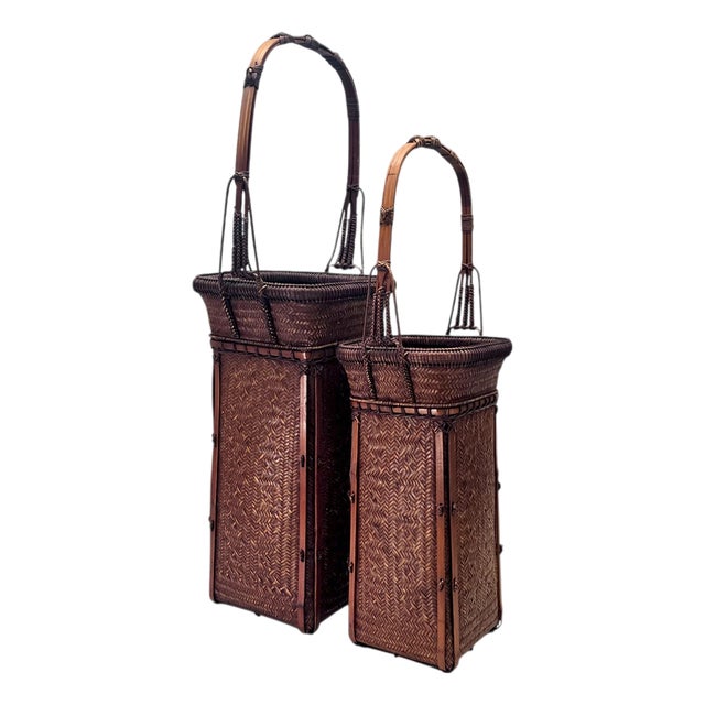 Late 20th Century Japanese Woven Bamboo Hozan Style Ikebana Baskets - A Pair For Sale