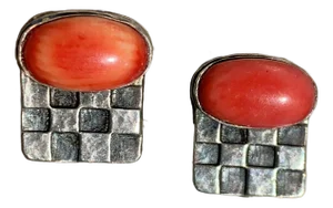 Early Vintage 1980’s Dian Malouf Oxidized Sterling Silver Petite Earrings With Oval Red Coral Cabochon Stones & Checkered Pattern on the Bottom