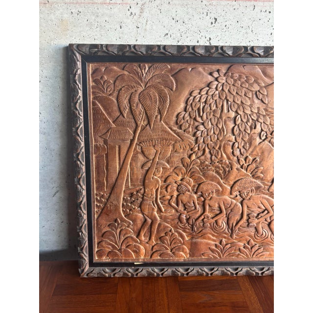Traditional Mid-20th Century Balinese Hand-Carved Suar Wood Village Relief Panel For Sale - Image 3 of 6