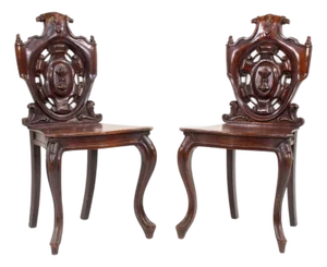 Pair of 19th Century English Victorian Gothic Revival Mahogany Hall Chairs