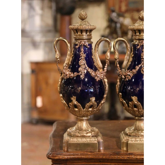 French Pair of 19th Century French Cobalt Blue Porcelain and Gilt Bronze Cassolettes For Sale - Image 3 of 9