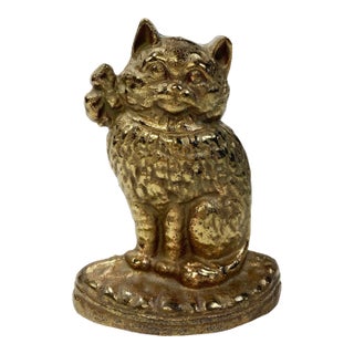 Vintage Cast Brass Cat W/ Ribbon Collar Doorstop For Sale