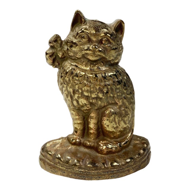 Vintage Cast Brass Cat W/ Ribbon Collar Doorstop For Sale