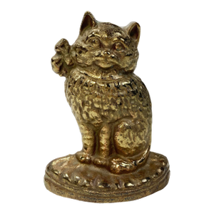 Vintage Cast Brass Cat W/ Ribbon Collar Doorstop