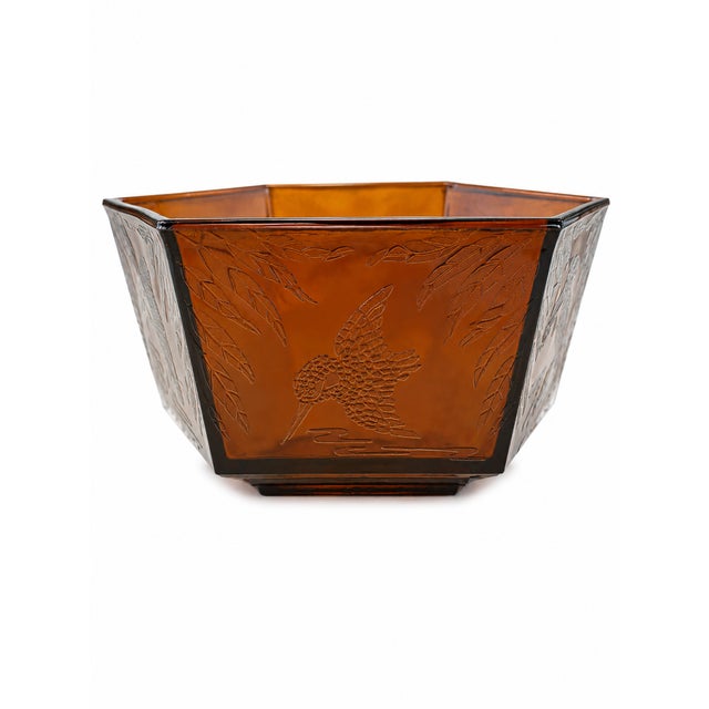 1930s Vintage Art Deco Amber “Kingfisher” Glass Bowl by Sherdley, England, Circa 1930s For Sale - Image 5 of 5