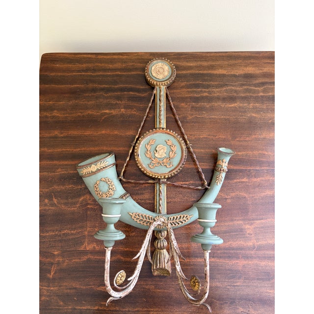 Pair of Italian Neoclassical Sconces in Celadon Green and Gilt For Sale - Image 9 of 16
