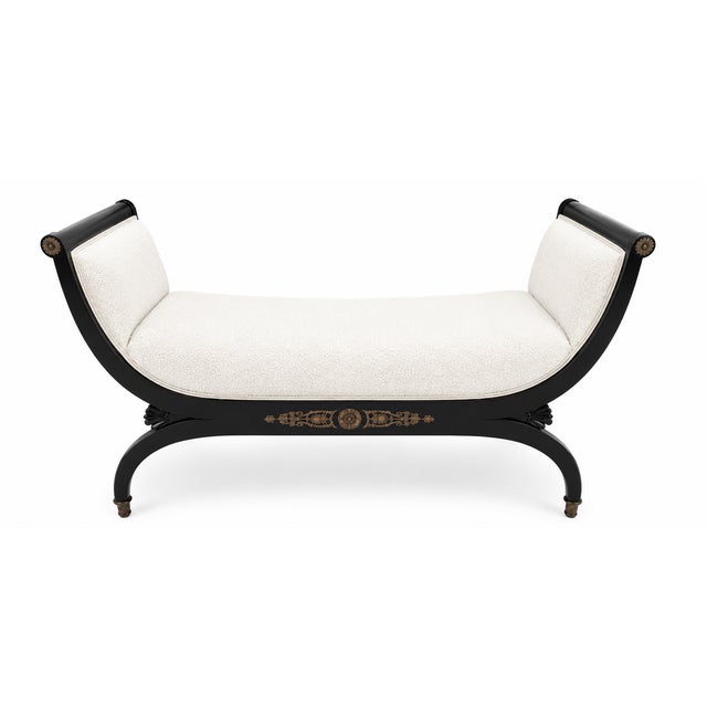 Pair French Empire Style Ebonized & Brass Mounted Upholstered Benches For Sale - Image 4 of 6
