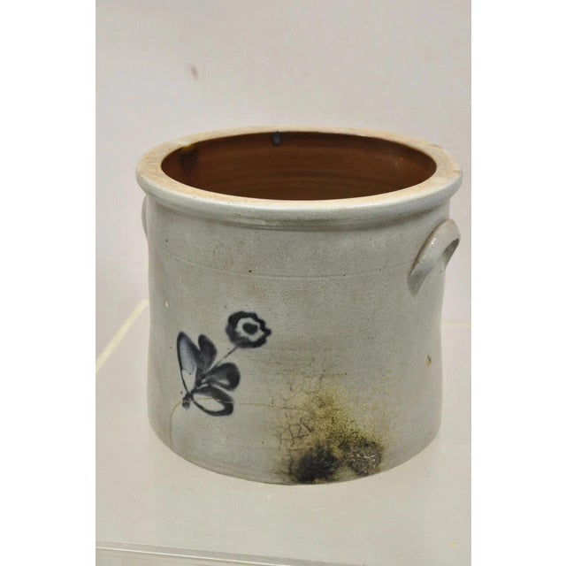 Antique Stoneware Salt Glazed 9" Round Pottery Crock Pot With Blue Flower For Sale - Image 4 of 11