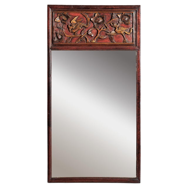 Antique Asian Trumeau Mirror with Carved Birds and Floral Panel For Sale - Image 10 of 18