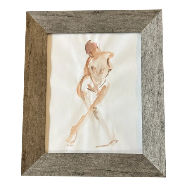 1970’s Vintage Female Nude Watercolor Painting Distressed Wood Tabletop Frame For Sale