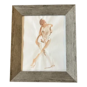 1970’s Vintage Female Nude Watercolor Painting Distressed Wood Tabletop Frame