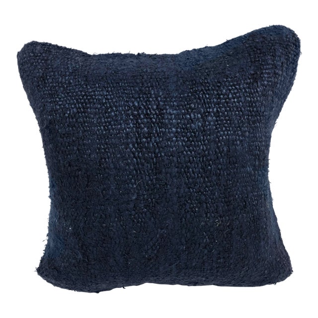 Turkish Tribal Vintage Handmade Anatolian Blue Hemp Kilim Pillow Cover For Sale