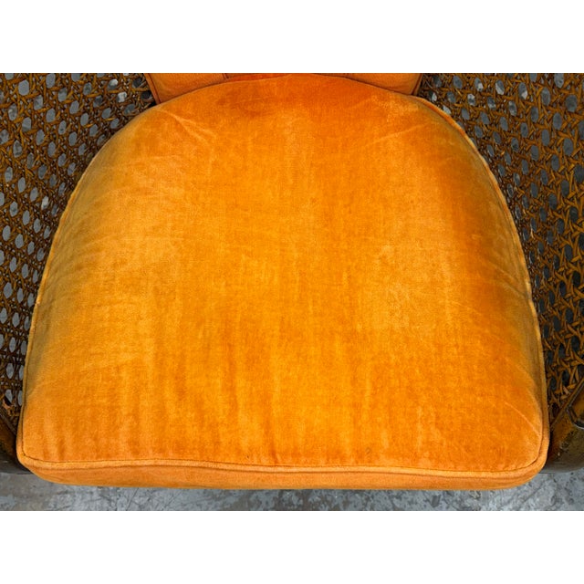Saffron Saffron Velvet Mid 20th Century Cane Barrel Chairs, Pair For Sale - Image 8 of 12