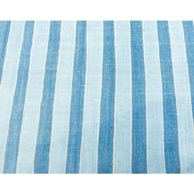 Vintage Indian Dhurrie striped blue rug Size: 9'4" × 12'10" (284 × 391 cm) This vintage Indian Dhurrie rug, handwoven in...