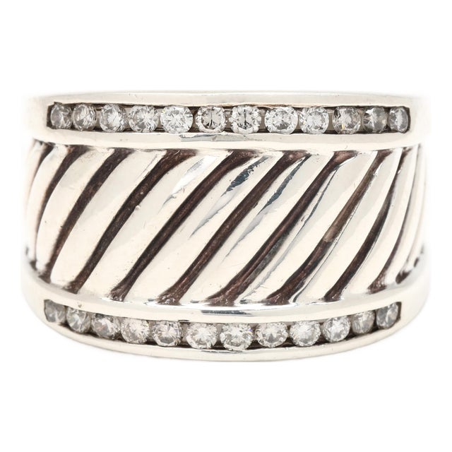 David Yurman .50ctw Diamond Thick Cigar Band Ring, Sterling Silver, Ring Size 7 For Sale