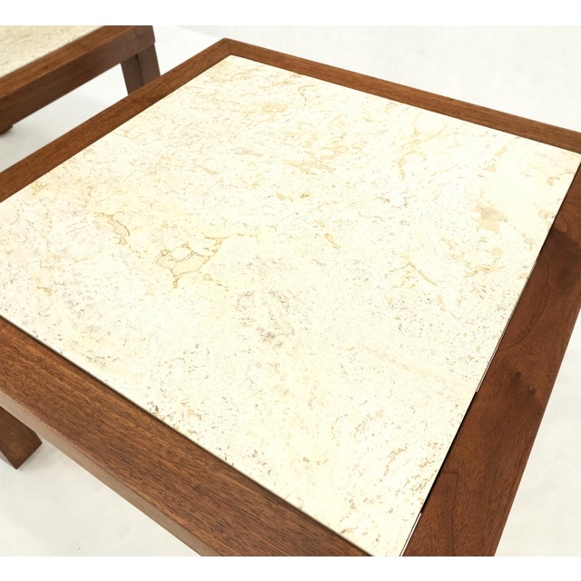 Set of Mid Century Solid Walnut Bases Travertine Tops End Side Occasional Tables For Sale - Image 11 of 11