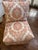 Pair of High Quality Custom Made Skirted Armless Swivel slipper chairs in a Rich Terracotta and Cream Damask Fabric.