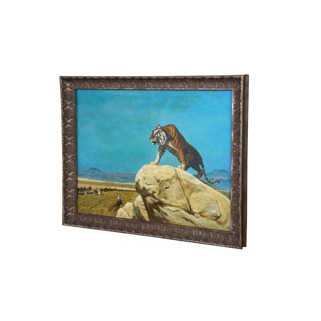 Realism Late 20th Century Tiger on the Watch Camel Landscape Oil Painting After Jean Leon Gerome 46" For Sale - Image 3 of 13