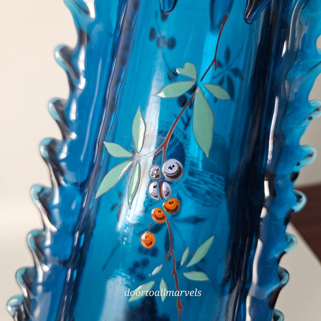 Auguste Jean Antique Blue Footed Vase Art Nouveau Enamel Paint Berries Tall 12" For Sale - Image 12 of 17