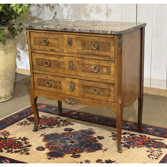 Transitional Style Walnut Commode with Marble Top, 1950s For Sale - Image 4 of 18