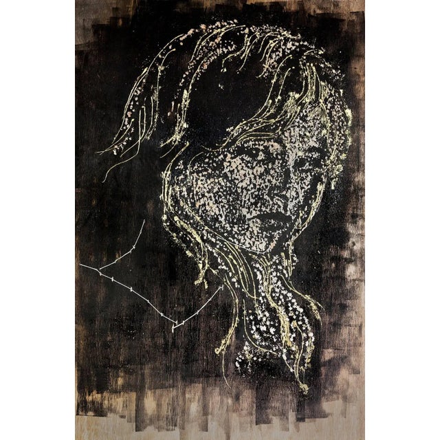 From the artist's 2017 Bridget Bardot series Ink + thread hand stitched on plywood with 24kt gold leaf