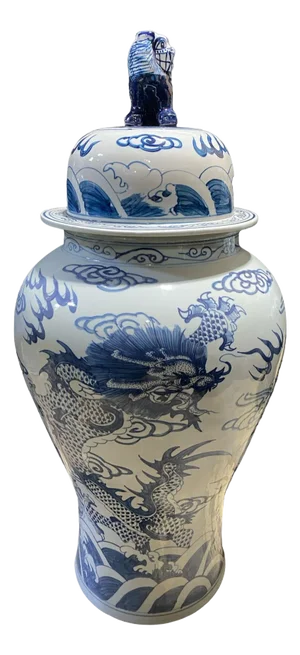 Vintage Lg Chinoiserie B & W Porcelain Dragon Ginger Jar 37" H