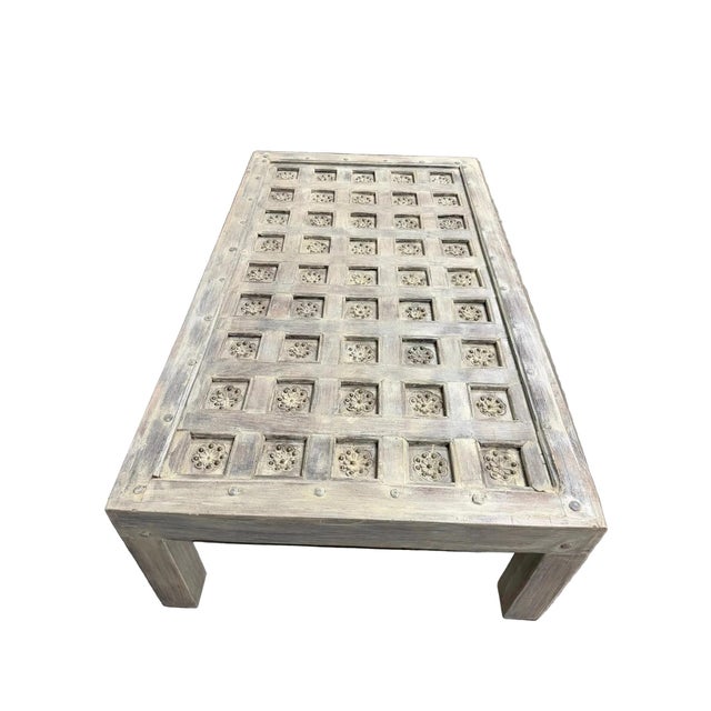 Wood Antique Whitewashed Lotus Carved Coffee Table – Rustic Indian Ceiling Panel Accent Table 68 For Sale - Image 7 of 8