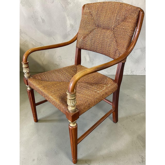 Neoclassical Vintage Rush Seat Armchair With Bent Rattan Arms, Campaign / Neoclassical Accent Chair in the Style of Donghia For Sale - Image 3 of 10
