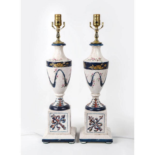 White Vintage White and Blue Hand Painted Wooden Urn Table Lamp For Sale - Image 8 of 9