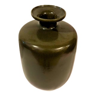 Vintage Large Mottled Moss & Chestnut Speckled Glazed Bottle Vase (14") For Sale
