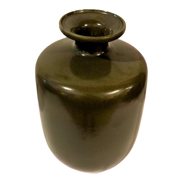 Vintage Large Mottled Moss & Chestnut Speckled Glazed Bottle Vase (14") For Sale