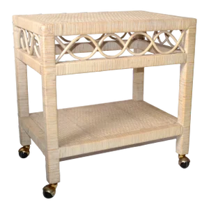 Late 1970s Bohemian Chic Bleached White Bamboo Cane Wicker Kitchen Trolley Bar Cart