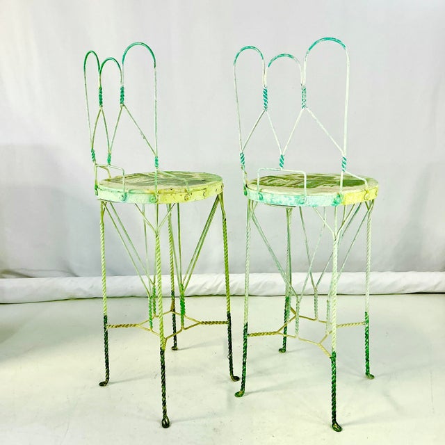1970s Vintage Boho Chic Italian Ice Cream Cafe Indoor Outdoor Bar Stools Convertible Drinks Tables - A Pair For Sale - Image 10 of 18