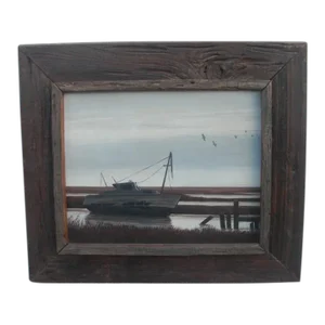 Shipwrecked Boat on Marshy Lakefront Painting in Reclaimed Wood Frame