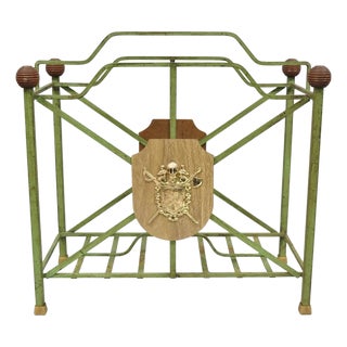 Vintage Italian Neoclassical Green Wrought Iron Book Magazine Rack W/ Shield For Sale