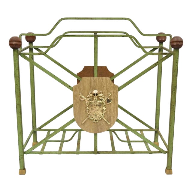 Vintage Italian Neoclassical Green Wrought Iron Book Magazine Rack W/ Shield For Sale