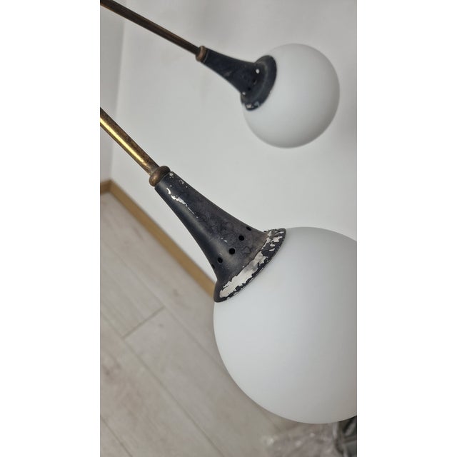 Twelve-Light Brass Chandelier with Opaline Spheres from Stilnovo, 1950s, in Very Good conditions. Designed 1950 to 1959 I...